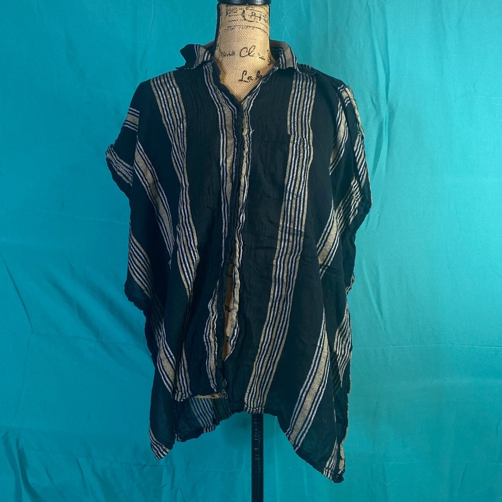 Accessory St New York Women Black Striped Cotton Poncho Top One Size Boho Gauze